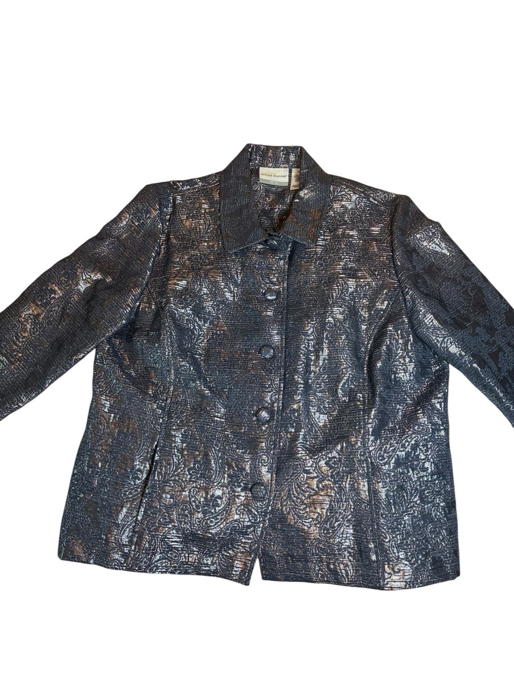 Alfred Dunner, Metallic Silver Gray Evening Jacket, Size 16P Petite - Picture 2 of 9